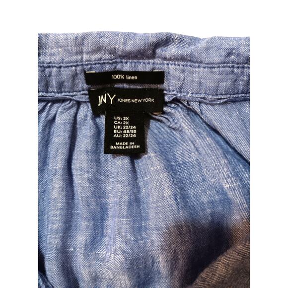 JNY 100% Linen Blouse Top 2X‎ Blue Popover Roll Tab Sleeves Casual Career Office - Picture 6 of 9